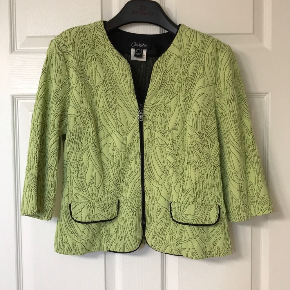 Vintage Nueva Lime Green & Black Embroidered Zip Blazer;  Sz 12; Collarless